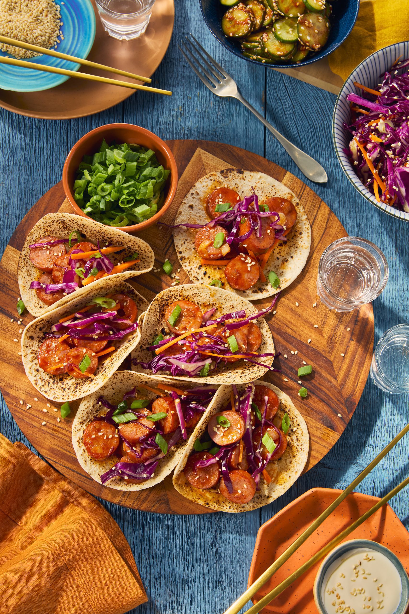 Tacos aux saucissons bacon et cheddar d’inspiration coréenne