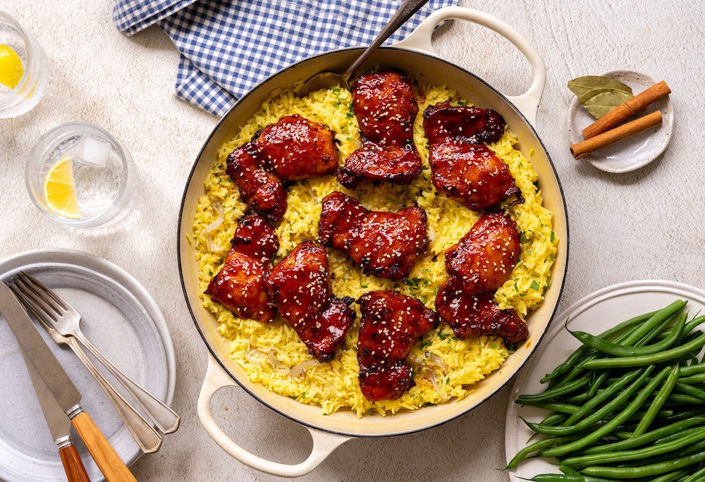 BBQ Chicken Thighs on Saffron Rice