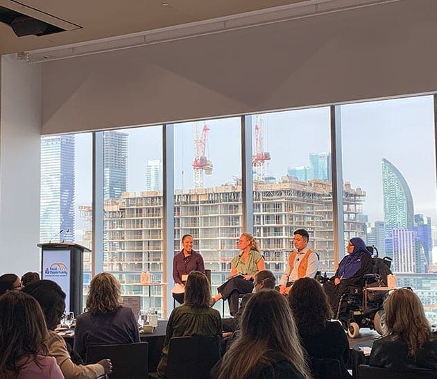 Panelists Erin Beagle, Rafia Haniff-Cleofas, and Gordie Liske with moderator Jaya James at the Food Security Symposium
