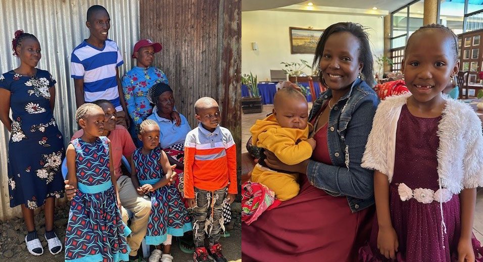 Left: Benson (middle top) is our Wezesha Coordinator in Kenya, posing with his grandparents who raised him, sisters, and their children. Right: Fancy, a friend for over 15 years, with her children. She works at a home for street children where she is a primary caregiver.