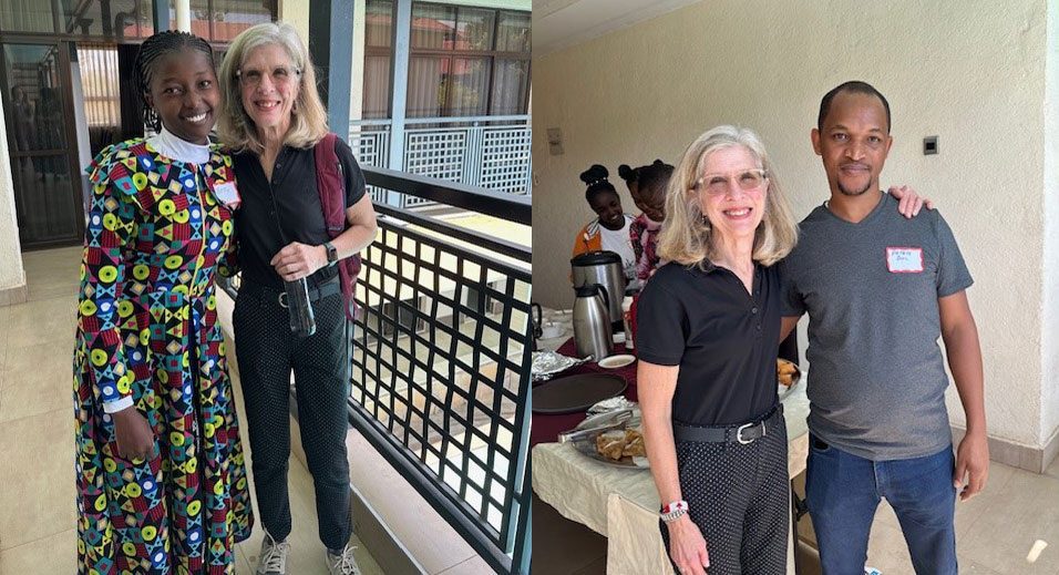 Left: Lynda with Betty who is studying to be a teacher (and she designed and made her dress!). Right: Lynds with Peter, one of the first Wezesha students, who is an MD now specializing in obstetrics and gynecology. 