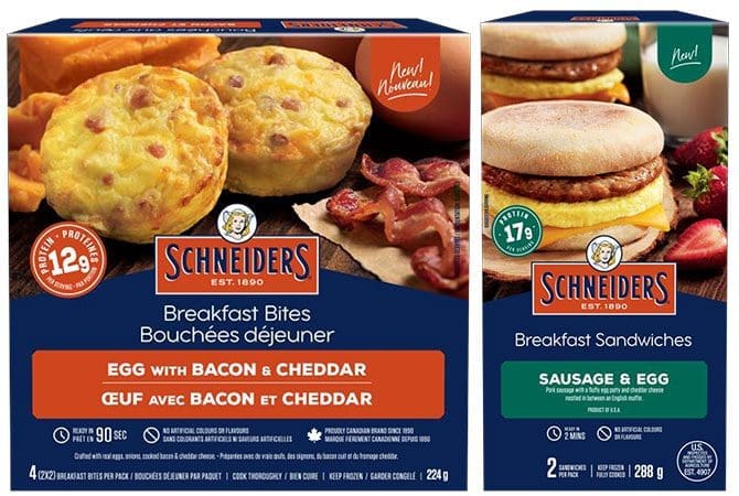 new Schneiders Breakfast - box of egg with bacon and cheddar Breakfast Bites and box of sausage and egg Breakfast Sandwich