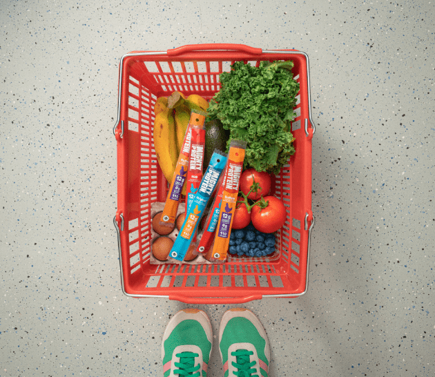 Mighty Protein product in a grocery basket