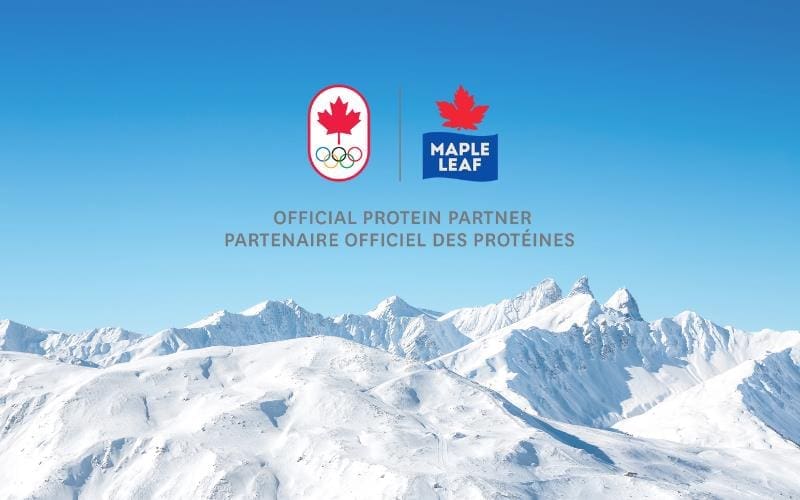 Canadian Olympics Committee logo and Maple Leaf Foods logo. Text that reads "Official Protein Partner"