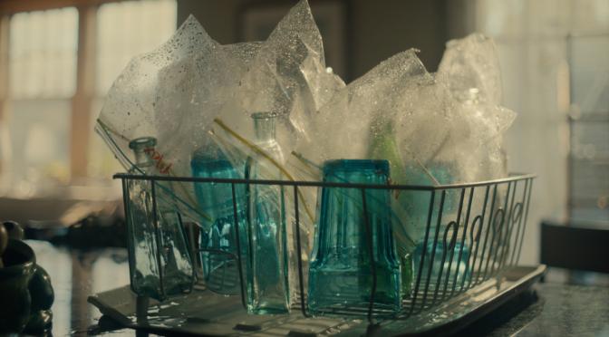 Washed plastic bags drying in kitchen from 2020 Super Bowl Ad.