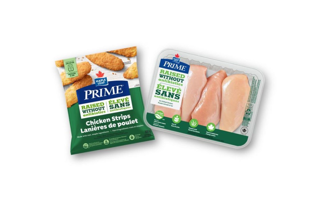 Pack shot of Maple Leaf Prime Chicken Strips and Chicken Breasts